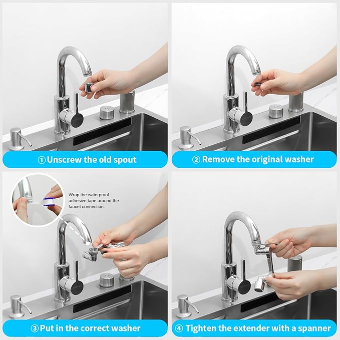 1080° Swivel Faucet Extender, Heavy Duty Rotating Sink Extension, Universal Swivel Multifunctional Robotic Arm, Rotating Splash Filter Extension Faucet Aerator for Kitchen Bathroom-4 Pcs