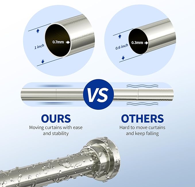 Shower Curtain Rod, 1" Diameter Heavy Duty Tension Shower Rod, Non Slip Adjustable 28-102 inch No Drill Shower Curtain Rods Spring Tension For Bathroom, Shower Stall, No Rust, Brushed Nickel