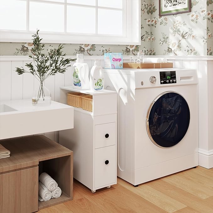 LOKO Slim Bathroom Storage Cabinet with Wheels, Narrow Toilet Side Cabinet with Drawers, Removable Storage Baskets, Toilet Brush Holder, Movable Bathroom Organizer or Skinny Corner, Narrow Spaces