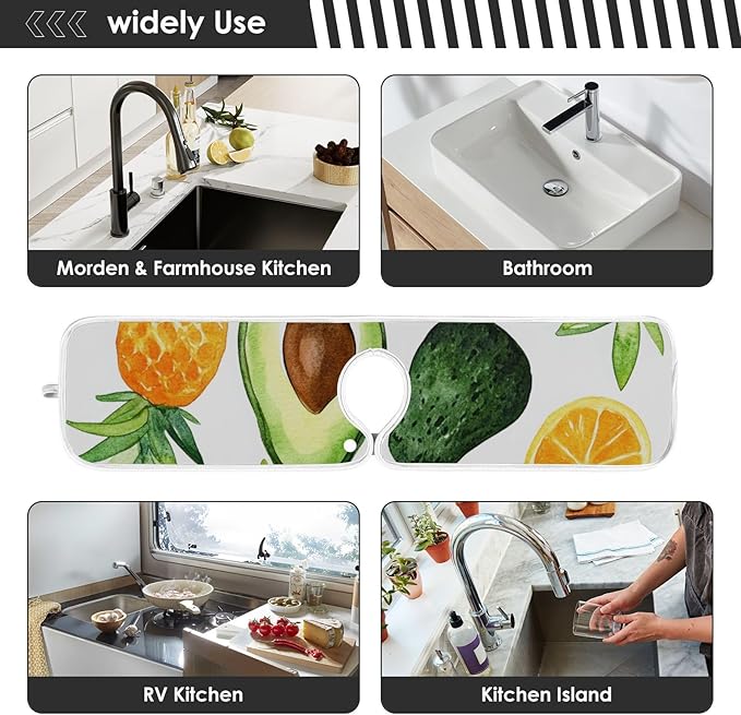 Sink Faucet Absorbing Mat Kitchen Sink Splash Guard Splash Faucet Drip Catcher for Bar RV Bathroom 2PCS 23.6x5.5in Cartoon Green Avocados Pineapples
