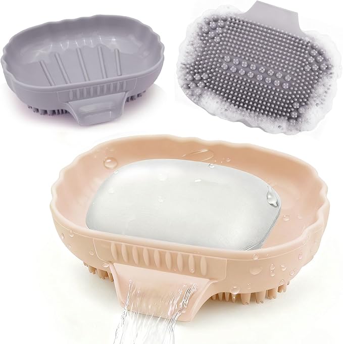 Silicone Soap Dish with Drain 2 Pcs, Anti-Slip Bathroom Bar Soap Holder Dishes Self Draining Waterfall Saver Plate for Shower Sink - Unique Bottom Brush Easy Dry & Clean (Khaki + Lavender Grey)