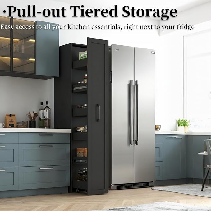 JOYSOURCE Tall Narrow Pull-Out Storage Shelf with Wheels 6-Tier Slim Rolling Storage Next to Fridge Spice Rack Shelves for Small Spaces, Kitchen, Laundry Room, Bathroom Black