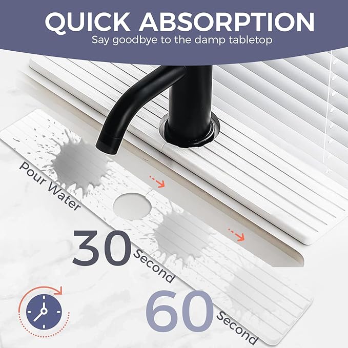 24" Kitchen Sink Splash Guard, Diatomite Fast Drying Stone Sink Tray, Faucet Mat for Kitchen Sink Bathroom Counter, White, Includes Sandpaper