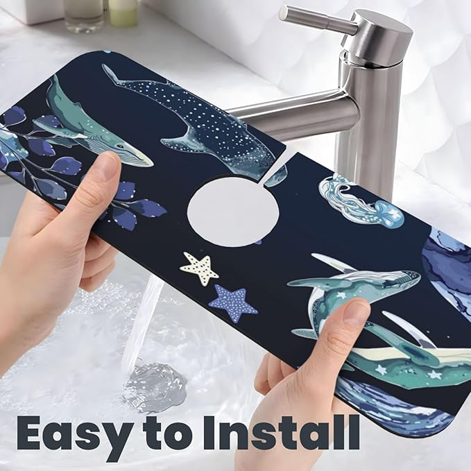 Whale Ocean Starfish 15" X 5.5" Kitchen Sink Splash Guard, Faucet Guard Draining Mat, Faucet Suction Pad For Kitchen Bathroom