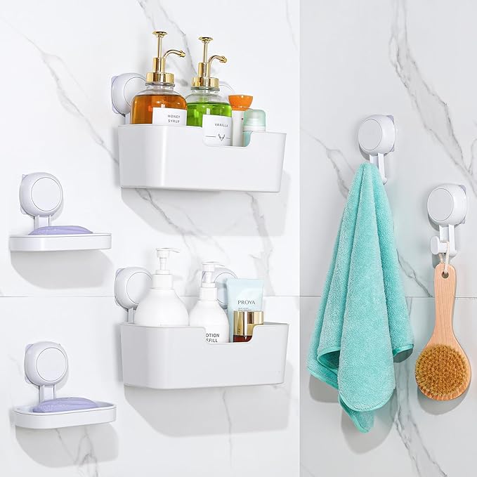 Shower Caddy, Organizer Removable Bathroom Shelf, 6 Pack Adhesive Organizers and Storage with No Drilling Hanging Shower Shelf, Removable Plastic Bathroom Accessories, White
