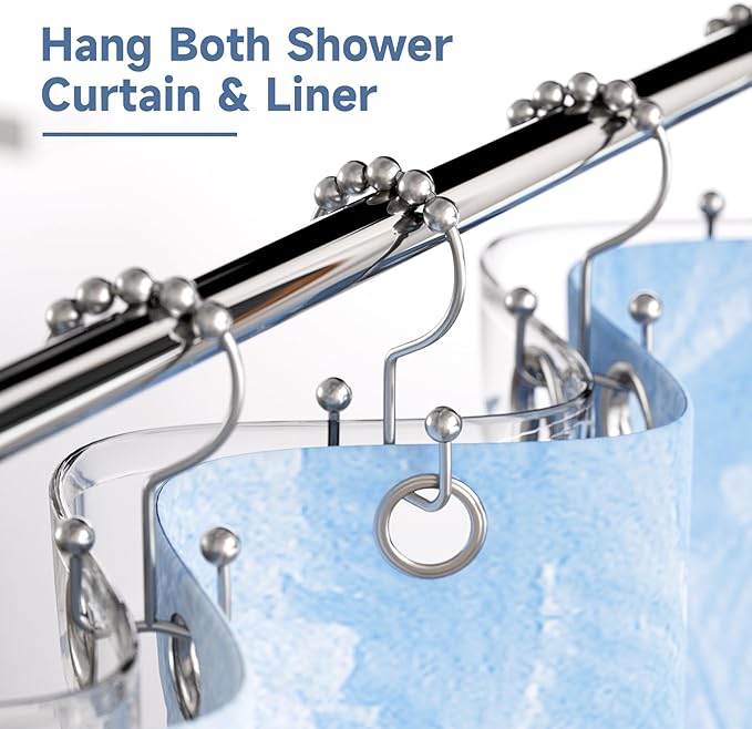 Titanker Shower Curtain Hooks Rings, Rust-Resistant Metal Double Glide Shower Hooks for Bathroom Shower Rods Curtains, Set of 12 Hooks - Chrome