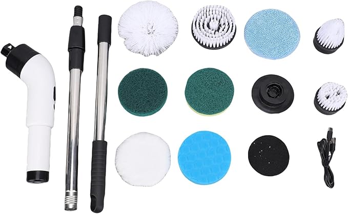 Dioche Electric Cleaning Brush Cordless Scrubber with Adjustable Speed 9 Replaceable Brush Heads Long Handle for Bathroom Kitchen White