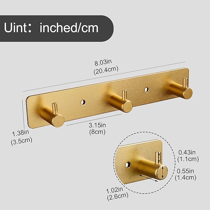 Adhesive Bathroom Gold Hook Rail, 3 Brushed Gold Wall Key Hooks Rack Hanger Towel Robe Stick Door Hooks for Bathroom Toilet Entryway Hallway Kitchen Wall Mounted