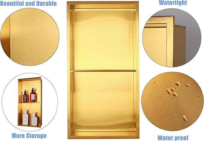 Non Tile Tube Niche Boxes for Showers,Bathroom Niche Double Shelves,Stainless Steel(Gold, 24 * 12 in)
