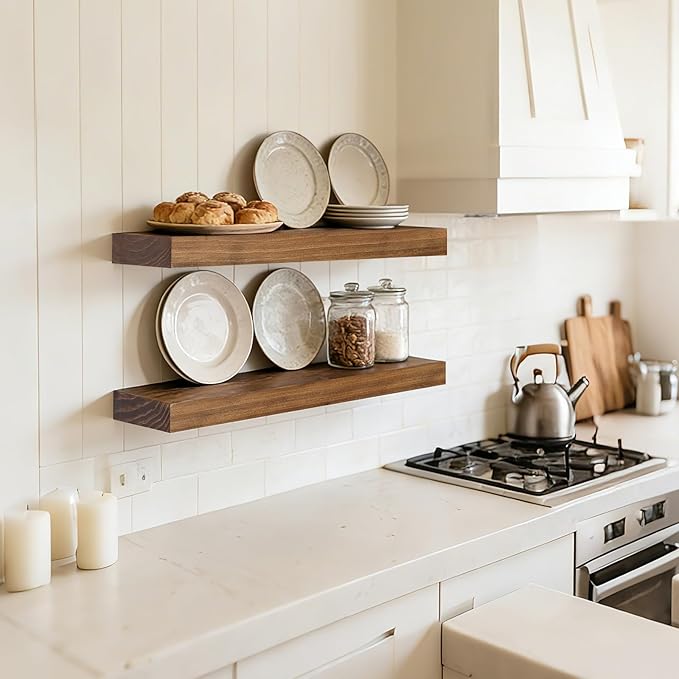 Floating Wall Shelf 16x6.8x1.7 Inch – Solid Wood Shelf in Dark Oak Finish – Wall Mounted Rustic Display Organizer for Bathroom, Kitchen, Bedroom, Small Spaces – Set of 2