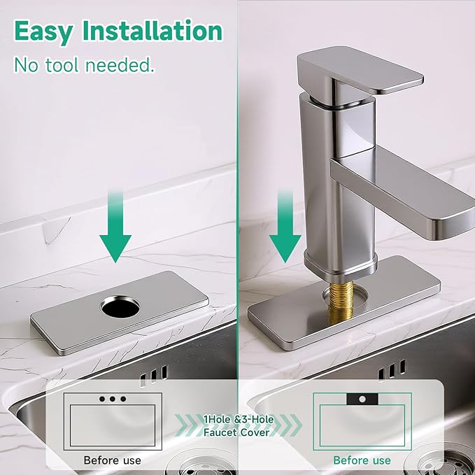 6.3IN Sink Faucet Hole Cover, Deck Plate Escutcheon - Sink Hole Cover, Plumbing Cover Plates, 6.3" Square Escutcheon for Bathroom Faucet 1-3 Hole, Stainless Steel(Chrome)