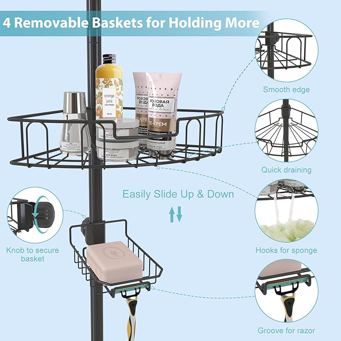 Corner Shower Caddy Tension Pole - Rustproof Stainless Steel Bathroom Shower Organizer, 4 - Tire Height Adjutable, Floor to Ceiling Stand, Fits 56 to 125” Corner Bathtub, Drill Free Quick Setup