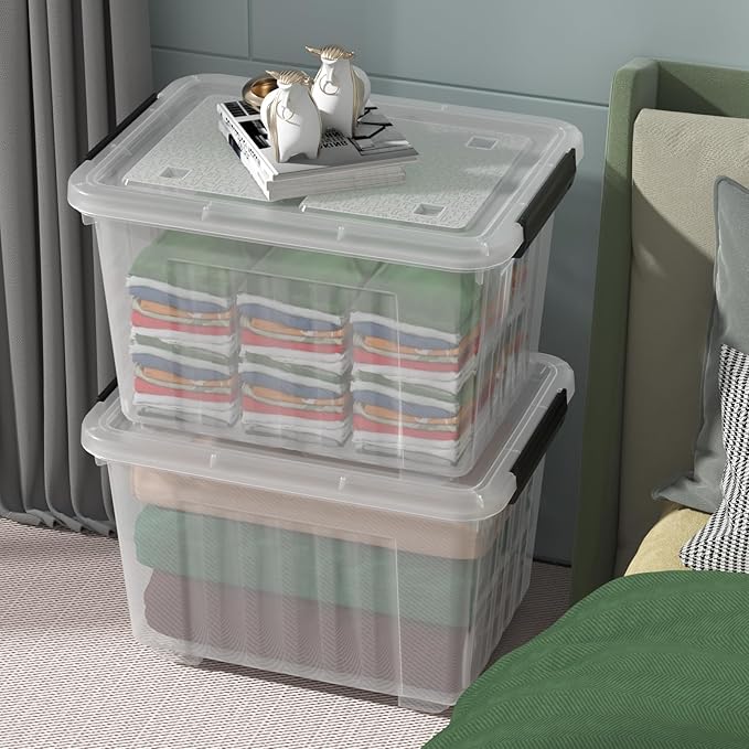 4 Packs 50 L Plastic Latching Box with Wheels, Holiday Wreath Storage Container Box with Lid, for Office and Home Organization