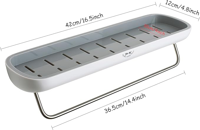 Shower Caddy - Wall Mounted - with Towel Bar - Extra Strong Self Adhesive - No Drilling - Easy Drainage - Stylish and Space Saving - Rustproof (White/Gray)
