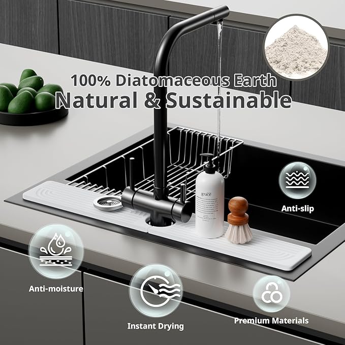 Faucet Mat for Kitchen Sink - 23.6" Quick-Drying Water Absorbing Stone Sink Splash Guard - Diatomite Fast Drying Stone Sink Mat - White