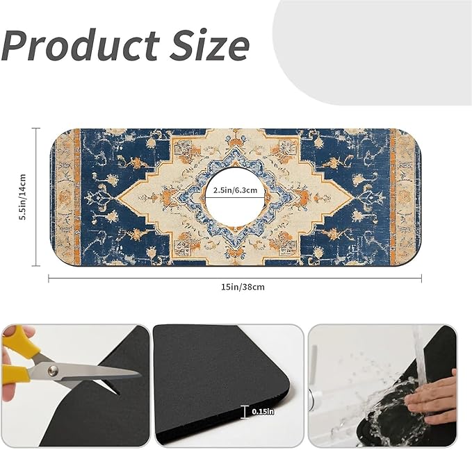 Faucet Draining Mat For Kitchen Sink, Oriental Blue Turkish Carpet Diatom Mud Absorbent Drain Pad For Bathroom Kitchen Sink Splash Guard Drying Mat