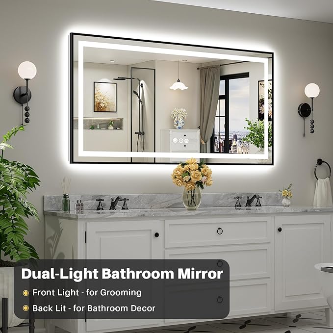 68x36 Inch LED Bathroom Mirror with Black Frame, Backlit & Front Lit, Anti-Fog Lighted Bathroom Vanity Mirror for Wall, Memory Function, Dimmable, HD Tempered Glass, Shatter-Proof