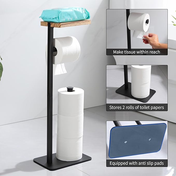 Holder Phone Toilet Paper Holder Stand - Toilet Paper Stand for 3 Rolls with Anti-Slip Base and Wood Shelf for Wipes, Natural Bathroom Decor