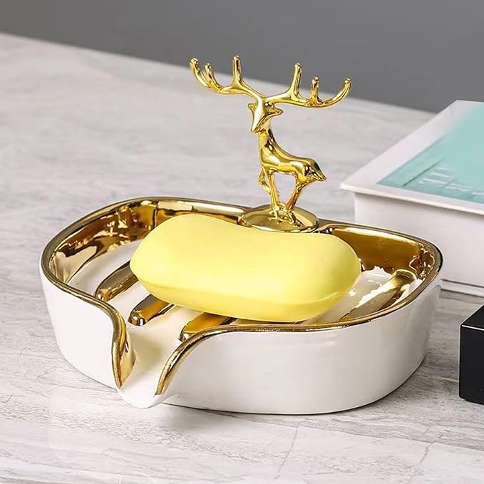 Soap Dish, Luxurious Ceramic Soap Dish Self Draining Soap Holder Tray Easy Cleaning Soap Saver for Shower Bathroom Kitchen Sink Bathtub Hotel Travel（White Painted in Gold）
