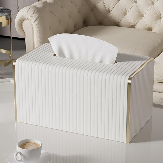 Extra Large Tissue Box Cover for Standard Size 180 to 230 Count Box of Tissues, PU Leather Rectangle Tissue Holder with Magnetic Closure， Gold-Tone Edging Decoration (Ivory)