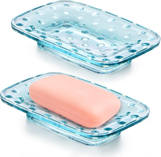 MDLUU 2-Pack Glass Bar Soap Dish, Embossed Bar Soap Holder, Decorative Soap Saver Tray for Shower, Bathtub, Bathroom Sink, Kitchen Sink (Square)