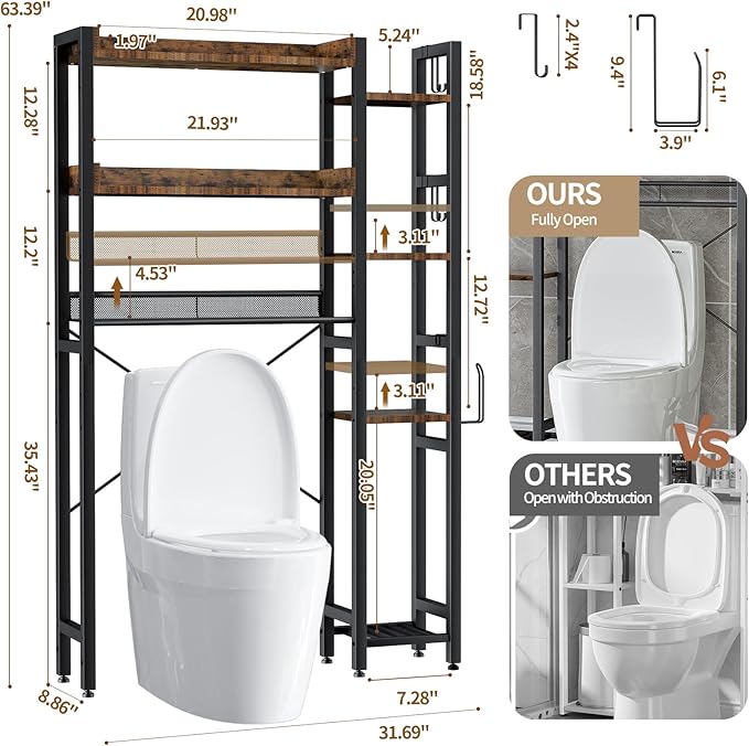 Housolution Over The Toilet Storage with 2 Drawers, 7 Tier Over Toilet Bathroom Organizer with Height Adjustable Shelves and Hooks, Space Saver Above Toilet, Black+Brown