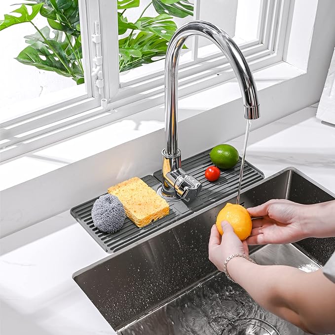 Faucet Mat for Kitchen Sink, Silicone Faucet Handle Drip Catcher Tray, Drying Mat as Sponge and Soap Holder with Lateral Inflow for Kitchen Bathroom Farmhouse & RV Sink Accessories (Grey)