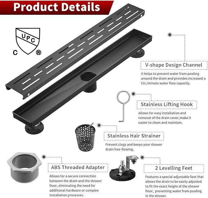 Sharp-tec Linear Shower Drain, 24 inch Shower Drain with Removable Pattern Cover, Matte Black 304 Stainless Steel Rectangle Floor Drain, Adjustable Feet and Hair Strainer Included (Model 101)