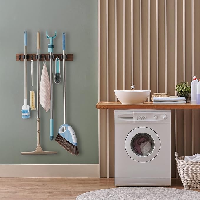 Mop and Broom Holder Wall Mount - Rustic Wood Broom Mop Hanger - Wall Mounted Garden Tool Rack Organizer for Closet Garage Laundry Room Kitchen Decor With 4 Slots & 4 Hooks