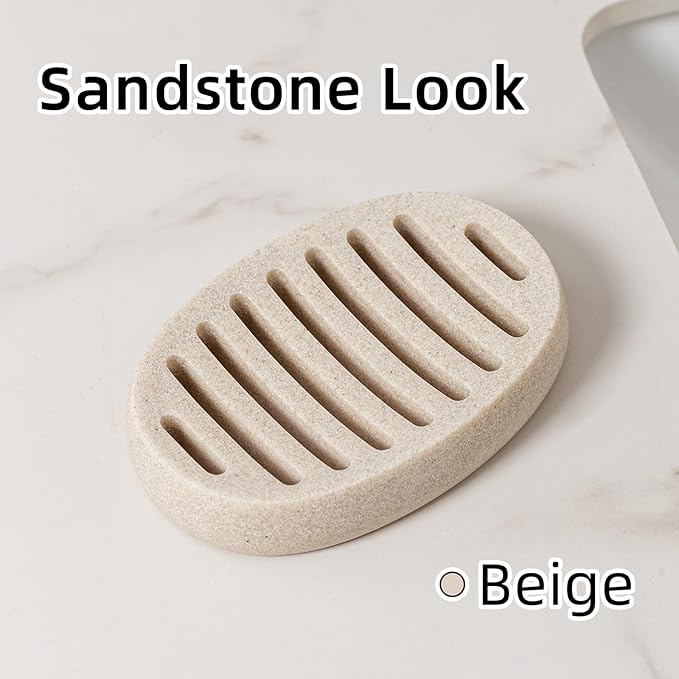 Soap Dish, Self Draining Bar Soap Holders, Oval Soap Saver Spone Holder Tray for Shower Bathroom Sink Countertop Kitchen Bathtub (Beige)