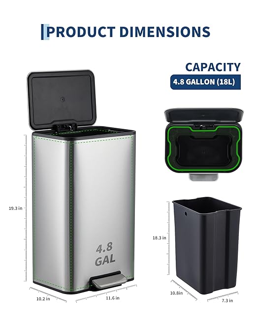 Garvee Space-Saving Office Trash Can, 4.8 Gallon Trash Can with Soft-Close Lid, Foot Pedal & Removable Inner Bucket, Rectangular Stainless Steel Garbage Can for Small Kitchen, Home, Garage, Silver