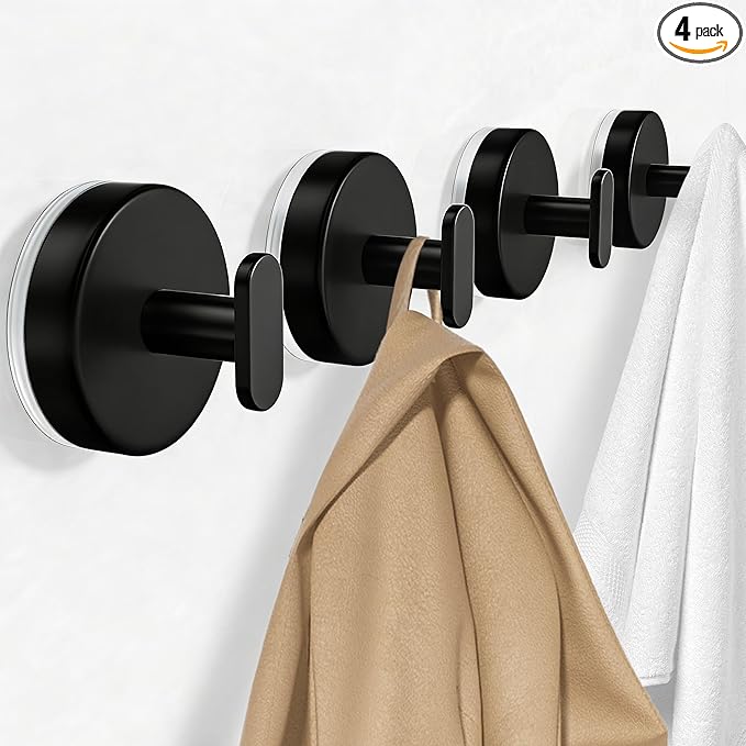 pickpiff Suction Cup Hooks for Shower: 15 LB Strong Wall Hanger for Bathroom, Front Door, Glass, Window, RV, Holder for Towel, Christmas Wreath, Coat, Loofah, Waterproof & Reusable, Matt Black 4 Pack