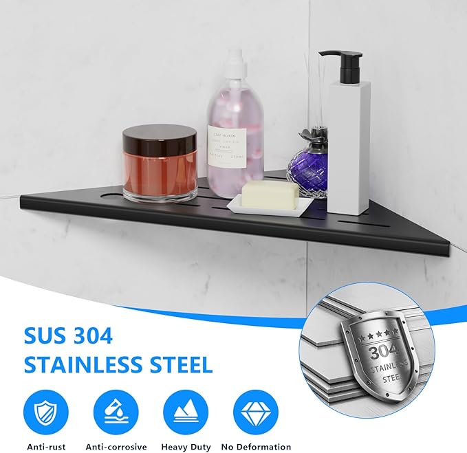 10" Corner Shower Shelf, 304 Stainless Steel Shower Caddy with Razor Hole, Shower Shelf for Inside Shower, Modern Sturdy Shelves for Tile Walls, Bathroom Shelves (Black)