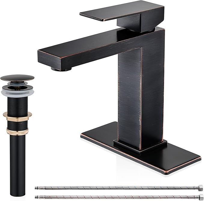 Oil Rubbed Bronze Bathroom Faucet, Single Hole Vanity Bath Faucet, Single Handle Modern Stainless Steel Bathroom Faucets for Sink 1 Hole with Pop Up Drain Stopper & Water Supply Hoses