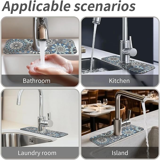 Kitchen Sink Splash Guard，Bohemian flowers Faucet Mat Sink Gadgets-Super Absorbent Fast Drying Mat Drip Catcher for Kitchen, Bathroom,Sink Mat, Dish Drying Mat, Bathroom(15" X 5.5" )
