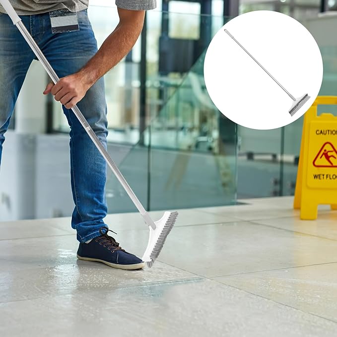 Upgraded Floor Scrub Brush with Long Handle for Bathroom and Tile Cleaning Plastic Construction Dual-Sided Design for Grout and Corner Scrubbing Hanging for Easy Storage White-Grey