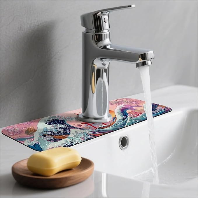 Kitchen Sink Splash Guard，Waves and cherry blossoms Faucet Mat Sink Gadgets-Super Absorbent Fast Drying Mat Drip Catcher for Kitchen, Bathroom,Sink Mat, Dish Drying Mat, Bathroom(15" X 5.5" )
