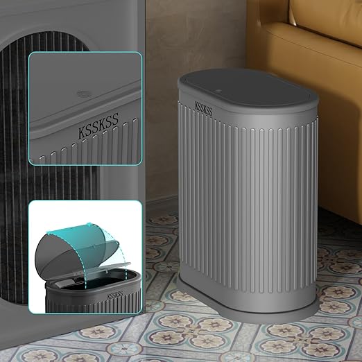 1.8 Gallons Small Stainless Steel Trash Can with Press Type Lid, Slim Bathroom Garbage Bin, Removable Liner Bucket, Dog Proof Narrow Wastebasket with Pop-Up Lid for Bedroom,Toilet (Gray)