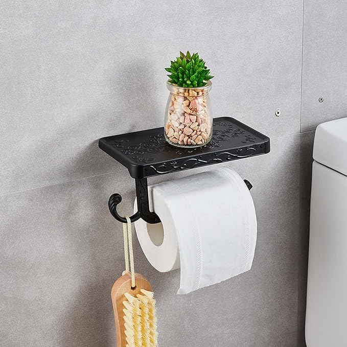 Vintage Carved Floral Toilet Paper Holder with Shelf - Matte Black Aluminum Bathroom Organizer, Wall Mounted Decorative Roll Holder for Bathroom/Vanity (7.24" Phone Shelf, Black Finish)