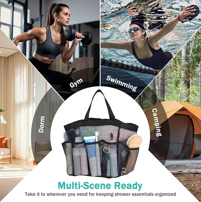 Mesh Shower Caddy Portable for College Dorm Room Essentials organizer, 8-Pocket Large Capacity, Quick Dry Shower hanging Caddy Dorm Basket for Bathroom Beach, Toiletry,Swimming, Gym,Camping (Black)