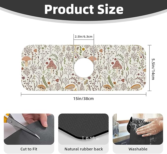 Cute Mushroom Wild Plant Kitchen Sink Splash Guard Faucet Mat 1 Pcs, Absorbent Fast Drying Mat Gadgets Splash Guard For Bathroom 15 X 5.5 Inches