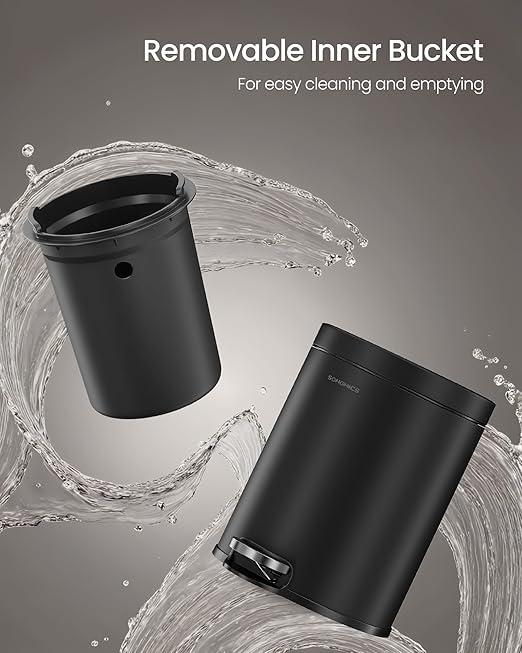 SONGMICS Bathroom Trash Can, 1.6 Gallon (6 L) Small Toilet Garbage Bin with Lid, Soft-Close, Stainless Steel, Pedal, Inner Bucket, Bedroom, Ink Black ULTB016BZ01