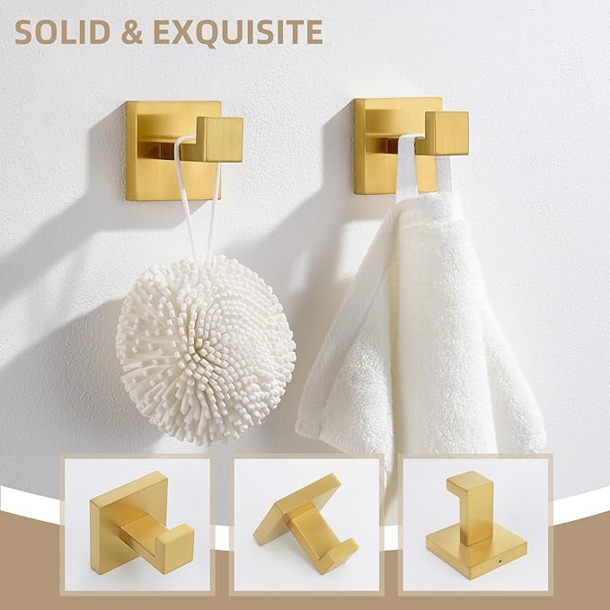 Angle Simple Towel Hook Brassy Gold 2 Pack, 304 Stainless Steel Square Robe Hook for Bathroom