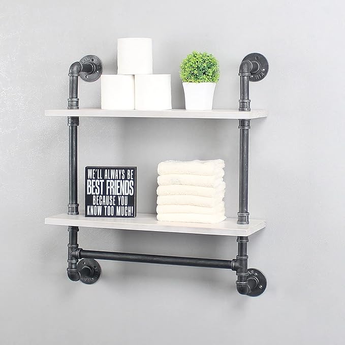 Iron Pipe Shelves Industrial Bathroom Shelves with Towel bar,24in Rustic Metal Pipe Floating Shelves Pipe Wall Shelf,2 Tier Industrial Shelf Wall Mounted,Retro White