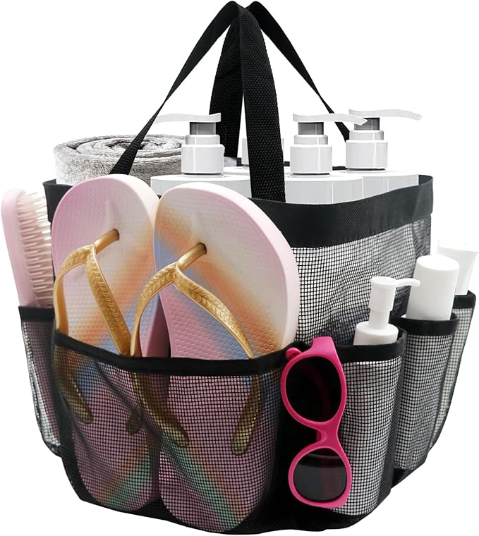 Mesh Shower Caddy Portable, Shower Tote Bag for Dorm Room Essentials, 8 Pockets Large Shower Basket for College Gym Beach Camping (1, Black)