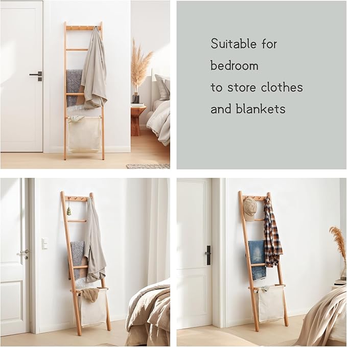 Beech Wood Blanket Ladder, 5.3ft Natural Farmhouse Quilt Holder with Top Hooks, 4-Bar Decorative Throw Rack, Towel Shelf for Living Room, Bedroom, Small Space Storage (Natural Cloth Bag)