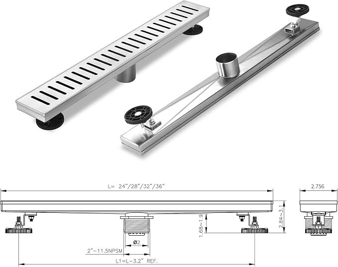 Linear Shower Drain 36 inch, Floor Drain with Removable Pattern Grate, 304 Stainless Steel Rectangular Linear Drain with Hair Strainer, CUPC Certified, Brushed Nickel, SD-104