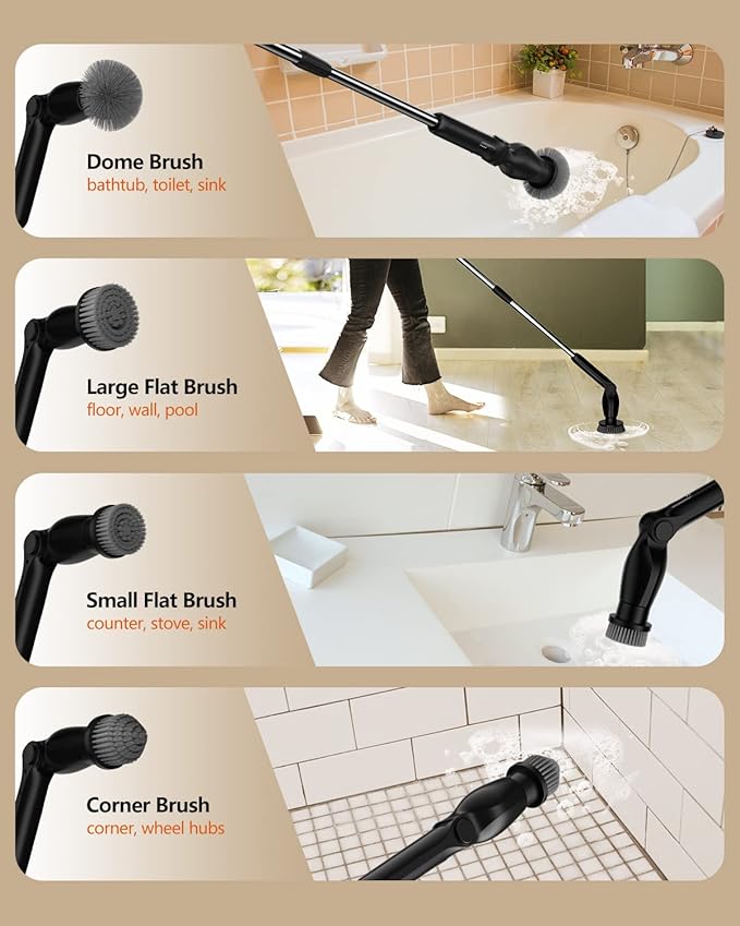 Leebein Electric Spin Scrubber, Cordless Cleaning Brush with 4 Adjustable Angles & 8 Replaceable Brush Heads, 2 Speeds & Remote Control, Long Handle Spin Scrubber for Bathroom Cleaning, Tub, Floor