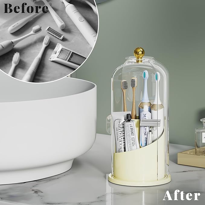 Delamu Toothbrush Holders with 360° Smooth Rotating Base, 3 Slots Bathroom Organizer Countertop with Sliding Lid, Brush Toothpaste Holder Makeup Brush Organizer for Vanity, Creamwhite