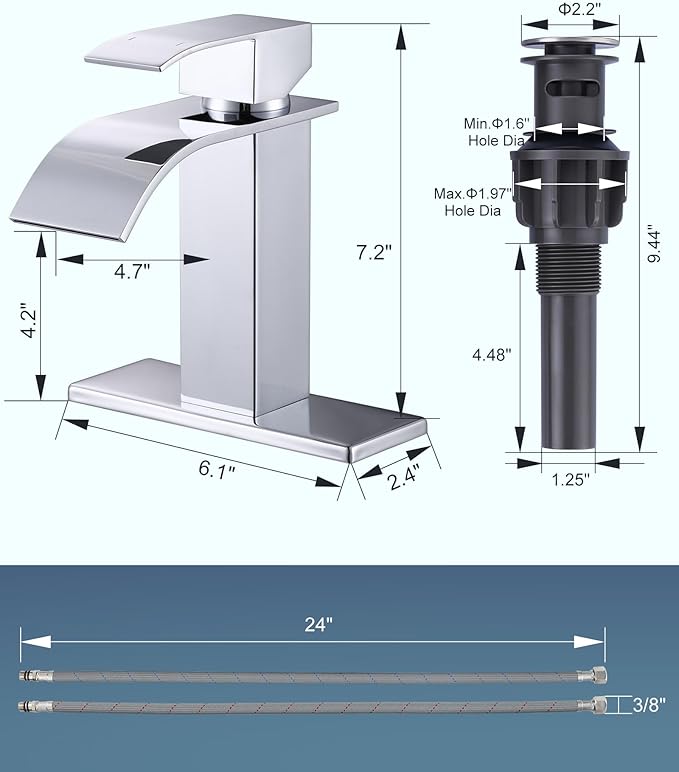 ARCORA Waterfall Bathroom Faucet Chrome: Modern Single Handle Bathroom Faucet for 1 or 3 Hole - Bathroom Sink Faucet with Pop Up Drain and Supply Lines